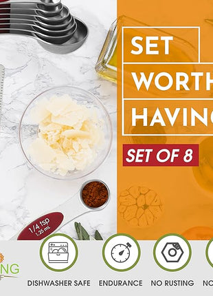 Spring Chef Red Stainless Steel Magnetic Measuring Spoons Set of 8 with Leveler, Dual Sided Nesting Teaspoon & Tablespoon Measuring Spoons, Kitchen Gadgets for Baking & Cooking, Fits in Spice Jars