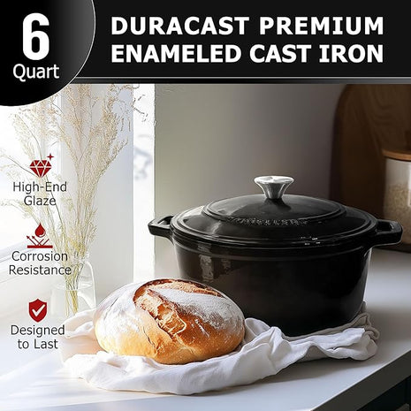 MUELLER HOME 6 Quart Enameled Cast Iron Pot Dutch Oven, Heavy-Duty Oven-Safe up to 500° F, & Across All Cooktops, Casserole Dishes for Ovens, Bread Pan with Lid and Knob, Cast Iron Cookware, Black