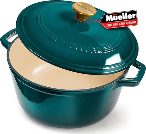 Mueller DuraCast 6 Quart Enameled Cast Iron Dutch Oven Pot with Lid, Heavy-Duty, Oven Safe up to 500° F & Across All Cooktops, Wedding Registry Ideas & Gifts, Emerald