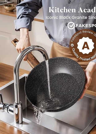 Kitchen Academy Induction Cookware Set-17 Piece Non-stick Cooking Pan Set, Black Granite Pots and Pans Set