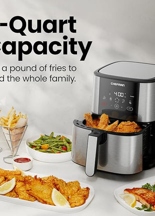 Chefman TurboFry Touch Air Fryer, Large 5-Quart Family Size, One Touch Digital Control Presets, French Fries, Chicken, Meat, Fish, Nonstick Dishwasher-Safe Parts, Automatic Shutoff, Stainless Steel