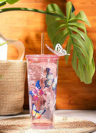 bzyoo Double Wall Tumbler with Straw and Lid Bottle Cold Drink Travel Mug Cup, 24oz (Butterfly Pink)
