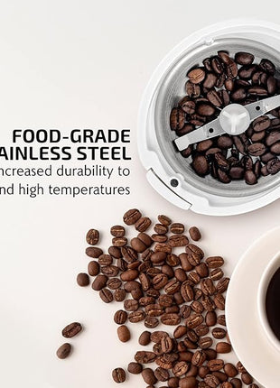 OVENTE Electric Coffee Grinder for Beans, Spices and More, 2.5Oz Compact Grinding Mill, Spice Grinder with Stainless Steel Blade, Pulse Button Operation and Transparent Easy to Open Lid, White CG225W