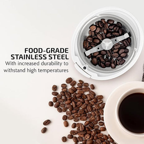 OVENTE Electric Coffee Grinder for Beans, Spices and More, 2.5Oz Compact Grinding Mill, Spice Grinder with Stainless Steel Blade, Pulse Button Operation and Transparent Easy to Open Lid, White CG225W