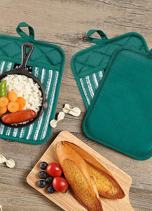 Silicone Pot Holders Set of 3 Heat Resistant & Non Slip Potholders, Professional Oven Hot Pads with Pockets Mitts for Kitchen Cooking Baking Barbecue (Emerald Green, 3)