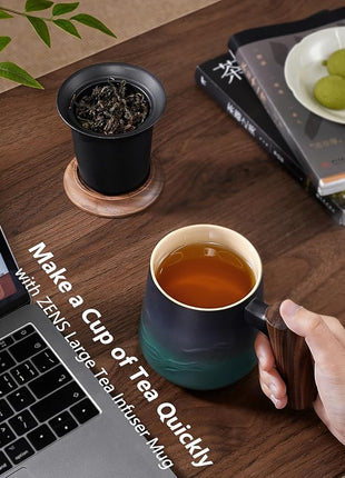 ZENS Embossed Ceramic Tea Mug with Infuser and Lid, 14.5 oz Wooden Handle, Loose Leaf Tea Steeper Mugs & Strainer for Tea Lovers Gifts