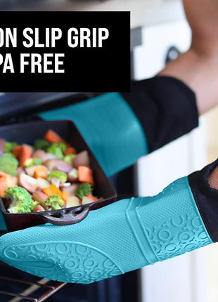 BPA-Free Soft Silicone Oven Mitts - Ultra Heat Resistant Oven Mitts with Thick Cotton Liner - Extra Long Slip Resistant Pot Holders, Flexible Oven Gloves - Aqua/Black 14.7"