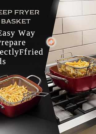 Moss & Stone 5 Pcs Red Copper Chef Cookware Non Stick Deep Frying Pan, Fry Basket, Steamer Rack, Dishwasher & Oven Safe, 5 Qt Deep Square Pan, Induction Copper Cookware Set - 9.5" x 3.5"