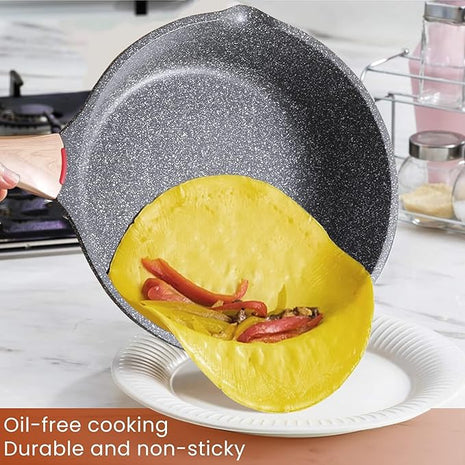 Induction Nonstick Skillet Frying Pan With Lid,Swiss Granite Omelette Pan, Scratch-Resistant Safe Cookware Set，PFOA Free(8 inch)