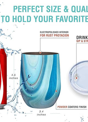 CHILLOUT LIFE 12 oz Stainless Steel Wine Tumblers 2 Pack & 1 Insulated Wine Bottle - Double Wall Vacuum Insulated Wine Glasses Cups with Lids and Straws Set Keeping Cold & Hot Gift Set