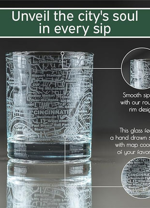 Greenline Goods Whiskey Glasses - 10 Oz Tumbler Set for Cincinnati lovers, Etched with Cincinnati City Map Old Fashioned Rocks Glass - Set of 2