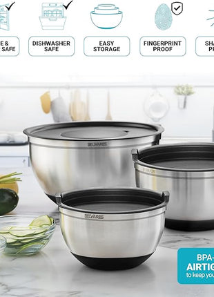 Belwares Mixing Bowls with Lids Set - Nesting Bowls with Graters, Handle, Pour Spout, Airtight Lids - Stainless Steel Non-Slip Mixing Bowl for Cooking, Baking, Prepping, Food Storage (Set of 3)