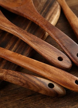 Wooden Kitchen Cooking Utensils Set, NAYAHOSE 7 Pcs Natural Teak Wooden Spoons and Spatulas for Non-stick Pan