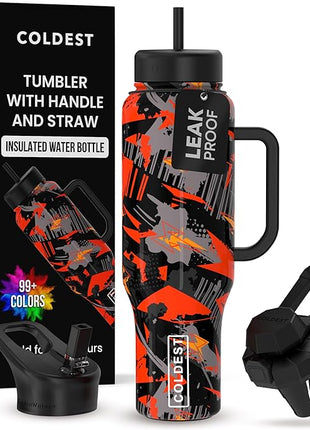 Coldest Tumbler with Handle and Straw - 100% Leak Proof Insulated Tumbler with Lid and Straw (3 Lids) - Stainless Steel Tumblers for Women & Men - Cup Holder Friendly Base, 46 oz (Savage Red)