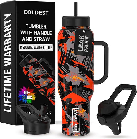 Coldest Tumbler with Handle and Straw - 100% Leak Proof Insulated Tumbler with Lid and Straw (3 Lids) - Stainless Steel Tumblers for Women & Men - Cup Holder Friendly Base, 46 oz (Savage Red)