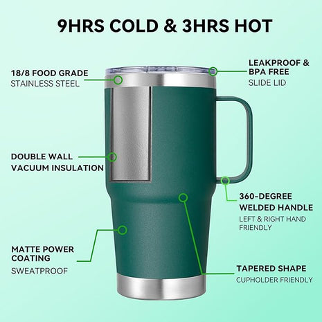 20 oz Stainless Steel Tumbler with Handle Bulk Metal Insulated Tumblers Travel Coffee Mug with Handle Double Wall Tumbler Cup with Lid and Straw, Dark Green 6 Pack
