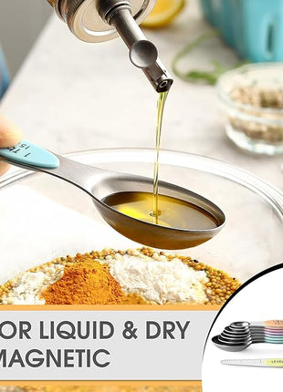 Spring Chef Stainless Steel Magnetic Measuring Spoons Set of 8 with Leveler, Metal Teaspoon & Tablespoon Measuring Spoons for Dry and Liquid Ingredients, Kitchen Gadgets for Baking & Cooking - Pastel