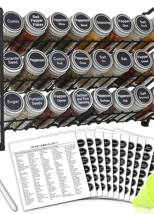 SWOMMOLY 3 Tier Spice Rack Organizer with 24 Empty Round Spice Jars, 396 Spice Labels, Funnel and Chalk Marker Complete Set, Black