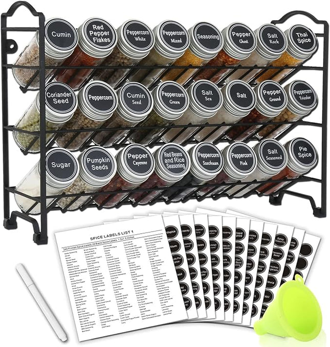 SWOMMOLY 3 Tier Spice Rack Organizer with 24 Empty Round Spice Jars, 396 Spice Labels, Funnel and Chalk Marker Complete Set, Black