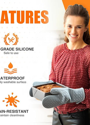 Silicone Oven Mitts, Heat Resistant 2PCS Oven Mitts with Soft Cotton Lining, Waterproof Non-Slip Grip Oven Glove, Kitchen Potholder Mits for BBQ, Baking, Cooking, 12.5 Inch - Grey