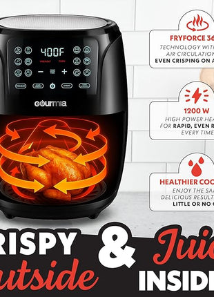 Gourmia Air Fryer Oven Digital Display 4 Quart Large AirFryer Cooker 12 1-Touch Cooking Presets, Black and Stainless Steel Accents Fry Force GAF486