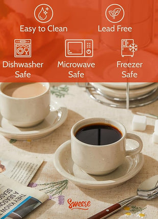 Sweese Porcelain Espresso Cups Set, 2.5 oz, with Saucers, Metal Stand, Stackable - Dove Grey, 4 Pack