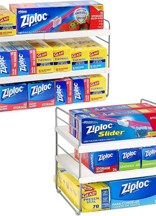 2 Pack Pantry Organization and Storage, Expandable Foil and Plastic Wrap Organizer, Adjustable Kitchen Wrap Organizer Rack for Cabinet, Foil Saran Wrap Holder Shelf for Sandwich Plastic Bags Box,