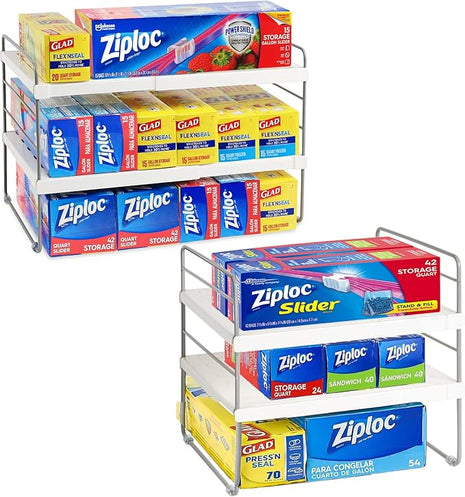 2 Pack Pantry Organization and Storage, Expandable Foil and Plastic Wrap Organizer, Adjustable Kitchen Wrap Organizer Rack for Cabinet, Foil Saran Wrap Holder Shelf for Sandwich Plastic Bags Box,