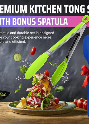 Kaluns Kitchen Tongs for Cooking Grilling Set of 4, BBQ Grill Tongs With Silicone Tip Stainless Steel Heat Resistant, Non-stick Pull Lock, Incl 7, 9, 12 Inch Tong Plus a Silicone Spatula