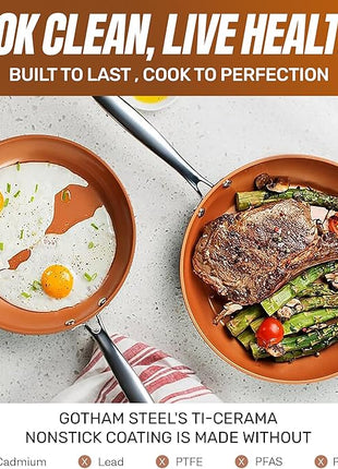 Gotham Steel 12 Pc Ceramic Cookware Set Nonstick, Ceramic Pots and Pans Set Non Stick with Steamer for Cooking, Non Toxic PFOA PFOS Free, Ergonomic Stay Cool Handles, Oven & Dishwasher Safe, Copper