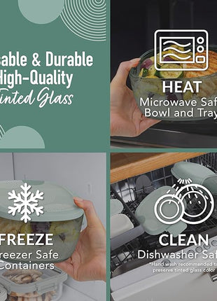 Bentgo Glass Prints All-in-One Salad Container - 61oz Tinted Glass Salad Bowl with Lid, Bento-Style Tray, Sauce Container, & Reusable Fork - Dishwasher & Microwave Safe (Mod Curve - Serene Green)