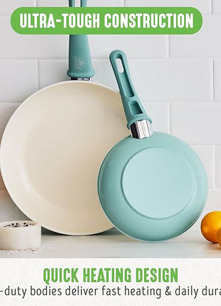 GreenLife Non Stick Fry Pan Set (7" & 10"), Non-Toxic PFAS-Free Ceramic Skillets, Dishwasher & Oven Safe, Egg Omelet Frying Pans, Stay- Cool Handles, Kitchen Home Cooking Essentials, Turquoise