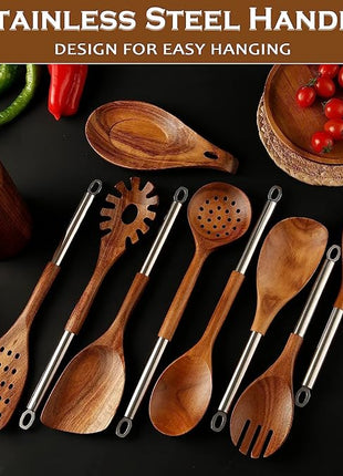 Wooden Spoons for Cooking with Utensils Holder, 10-Pieces Wooden Utensil Set Non-Stick, Natural Teak Cookware Wooden Cooking Spurtle Set, with Stainless Steel Handle