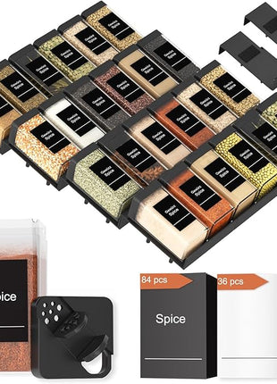 Famhap Spice Drawer Organizer 24 Pcs with 24 Plastic Spice Jars and Labels，Interlocking Expandable Seasoning Rack Tray Insert for Kitchen Drawers, Spice Rack Drawer