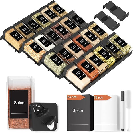 Famhap Spice Drawer Organizer 24 Pcs with 24 Plastic Spice Jars and Labels，Interlocking Expandable Seasoning Rack Tray Insert for Kitchen Drawers, Spice Rack Drawer