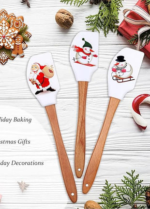 Silicone Spatula, Caliamary 3 Pieces Kitchen Silicone Spatula Set, Christmas Cake Decorating Spatula with Wooden Handle, Snowman Gingerbread Man and Santa Claus Pattern… (Santa Claus)