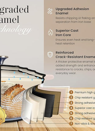 Nuovva Enamelled Cast Iron Dutch Oven Pot with Lid 6.4 Quart Non Stick Casserole Pot – Heavy Duty & Oven Safe up to 500° F for Bread Baking, Braising, Stews, Roasting – 28cm Oyster