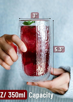 BTaT- Double Wall Glass Coffee Mugs, 4 Pack, 12 oz(350 ml), Double Glass Coffee Cups, Dotted Double Walled Glasses, Latte Glasses