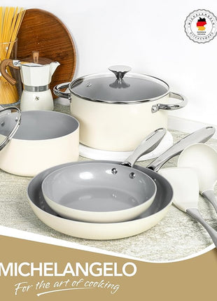 MICHELANGELO Ceramic Pots and Pans Set Non Stick - 8 Pcs Ceramic Cookware Set Non Toxic, Healthy Cooking Set with Ergonomic Handle, Oven Safe & Compatible with All Stovetops - Cream