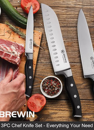 Brewin Professional Kitchen Knives, 3PC Chef Knife Set Sharp Knives for Kitchen High Carbon Stainless Steel, Japanese Cooking Knife with Gift Box
