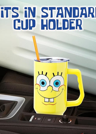 Silver Buffalo SpongeBob SquarePants Stainless Steel Tumbler with Handle, Fits in Standard Cup Holder, 40 Ounces