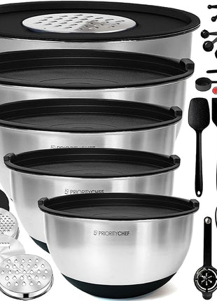 Priority Chef Stainless Steel Mixing Bowls with Lids Set, Metal Nesting Bowls with Airtight Lids, Graters, Non-Slip Base & Measurement Marks, Includes Utensil Set for Prep, Baking & Storage, Black