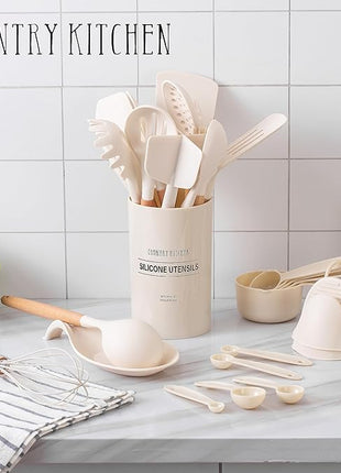 Country Kitchen Non Stick Silicone Utensil Set with Rounded Wood Handles for Cooking and Baking, 38 Piece Set, Khaki