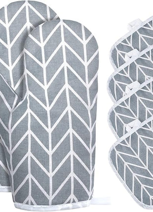 AUAUY Oven Mitts and Pot Holders 6PCS Set, 392°F Heat Resistant Cooking Gloves and Hot Pads Baking Mittens BBQ Gloves, Top Kitchen Gadgets, Non-Slip Kitchen Mittens for Oven Cooking Baking Grilling