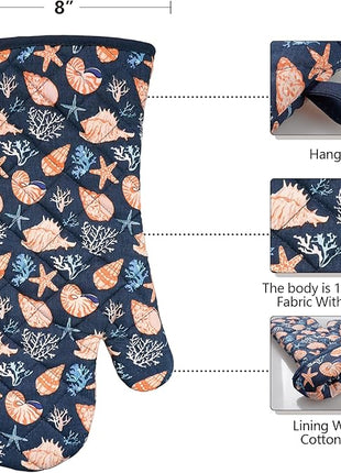 Oven Mitts Cotton Fashion Cute Cowry Design 1pair Heat Resistant Oven Gloves Safe Cooking Baking Grilling Barbecue Machine Washable Pot Holders (Cowry)