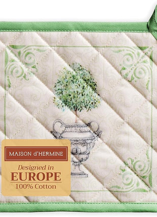 Maison d' Hermine Pot Holders 100% Cotton Heat Resistant Potholders 8" x 8" Hot Pads with Loop BBQ, Cooking, Baking, Grilling, Kitchen, Handling Hot Pans Spring/Summer (Pack of 1, Jardin Du Roy)