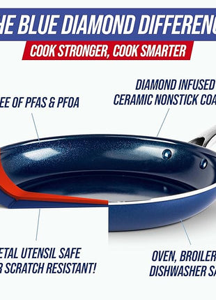 Blue Diamond 9 Piece Nonstick Cookware Set, Diamond Ceramic Pots & Pans, Dishwasher & Metal Utensil Safe, Non Toxic PFAS-Free, Kitchen Cooking Sauce & Saute Pans, Oven & Broiler to 600F, Blue