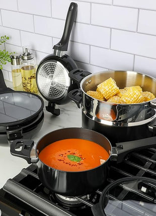 Kenmore Elite Grayson Stackable Platinum Nonstick Forged Aluminum Induction Cookware Set, 9-Piece, Black