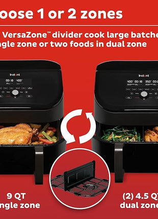 Instant Pot VersaZone 9QT Air Fryer,8-in-1 Functions with EvenCrisp Technology, Crisps,Broils, Bakes,Roasts, Dehydrates,Reheats at Same or Different Temperature, from the Makers of Instant Pot, Black