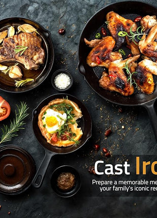 Utopia Kitchen Cast iron Skillets 3 Piece Set, Chefs Pan, Pre Seasoned Cast iron Skillets, 6, 8 & 10 Inches, Easy Use in the Oven, Stove, Grill, or Campfire, Black